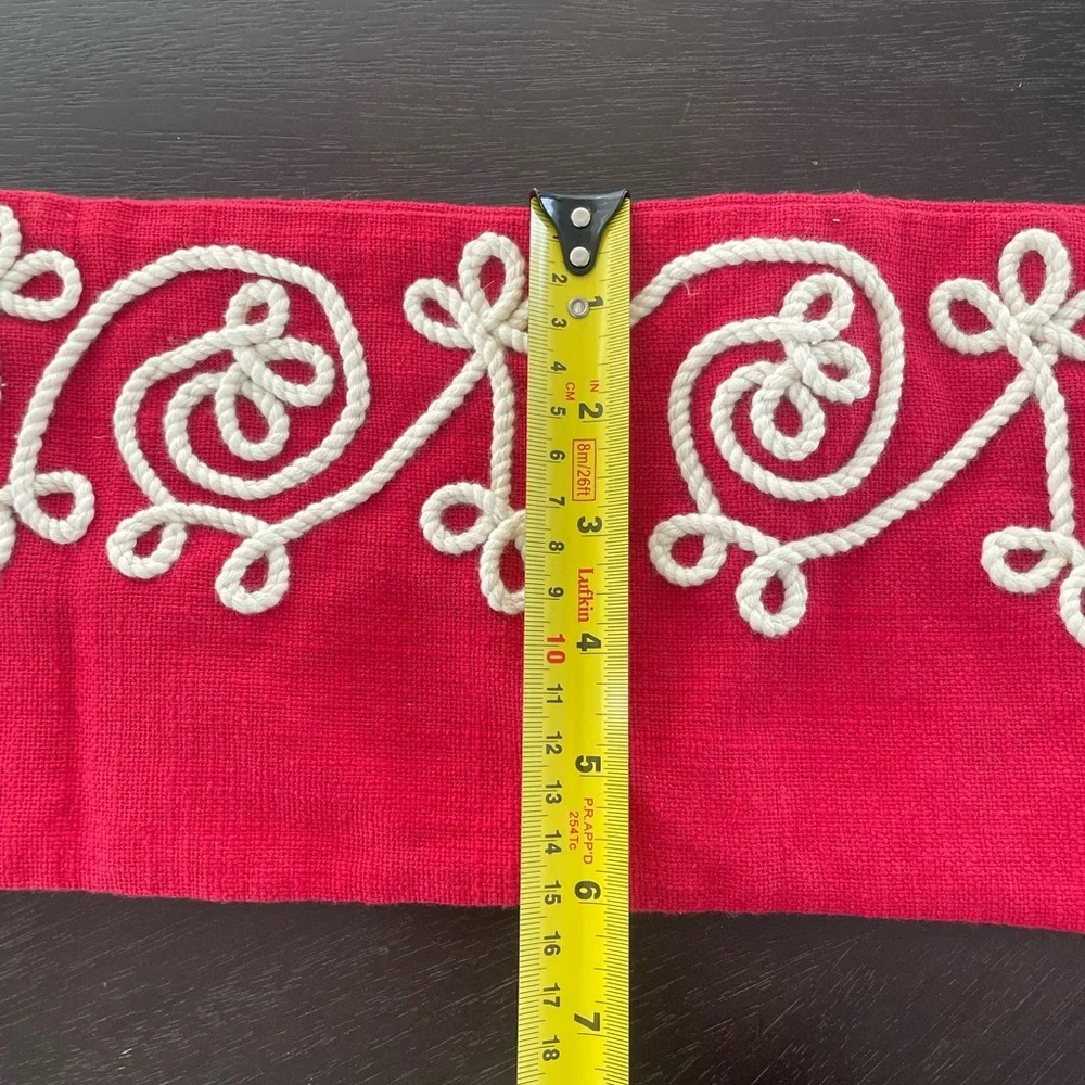 Crate & Barrel Christmas Stocking Red Cream Cotton Rope Cord Scroll 21